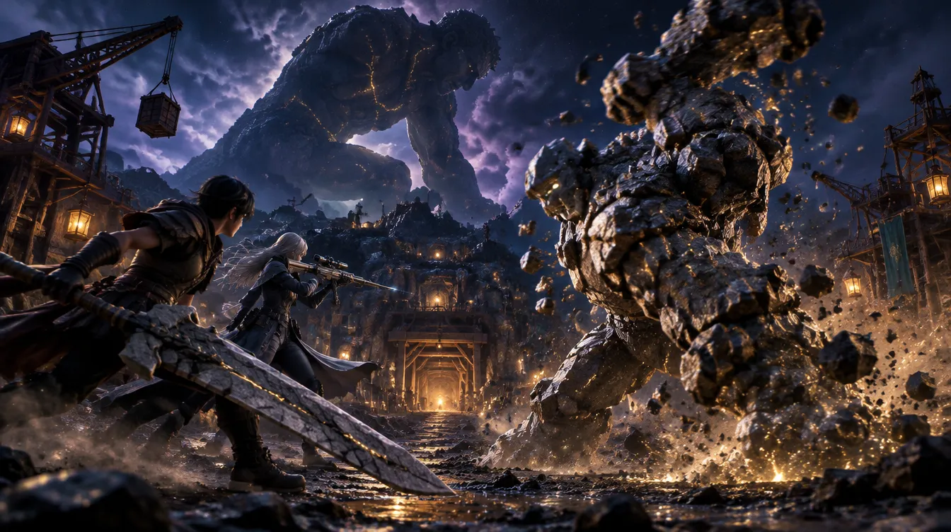 Ivo dan Seren melawan golem batu di desa tambang bermandi lentera, siluet Gravemark berlutut di langit.